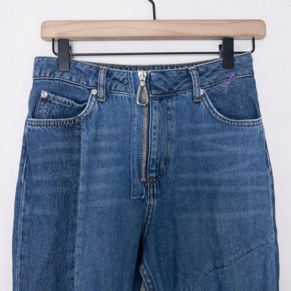 Sandro Hani Patchwork Jeans 36 Blue Vintage 4 Slim Leg High Rise Zip Fly Cropped - Picture 6 of 12